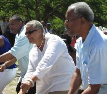 From left, USVI Gov. John deJongh Jr., acting BVI Gov. V. Inez Archibald and BVI Premier Dr. Orlando Smith dance up a storm.